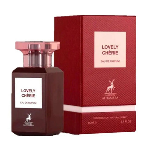 Maison Alhambra Lovely Cherie Eau de Parfum 80ml spray, featuring elegant glass bottle and floral fragrance details.