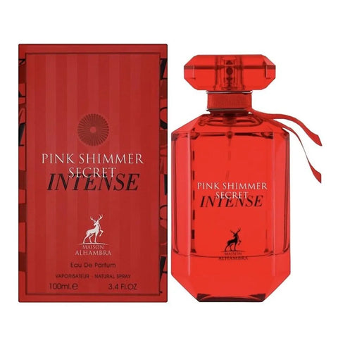 Maison Alhambra Pink Shimmer Secret Intense Eau De Parfum spray in 100ml bottle, featuring pink shimmer design.