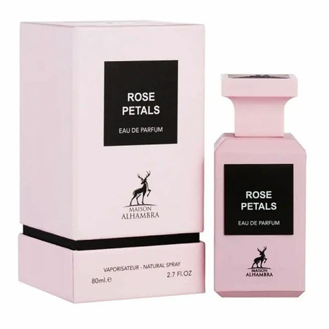 Maison Alhambra Rose Petals Eau De Parfum spray bottle by Jag Couture London New York, 80ml, with elegant floral design.