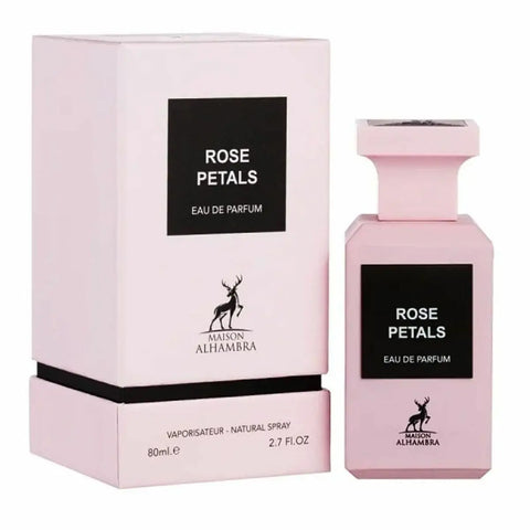 Maison Alhambra Rose Petals Eau De Parfum 80ml spray by Jag Couture London features a sleek bottle with floral accents.