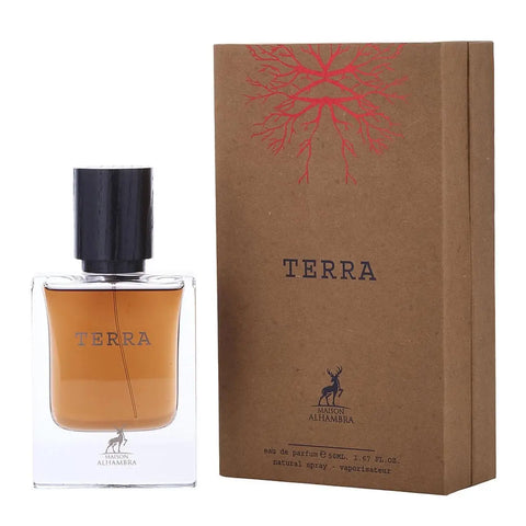 Maison Alhambra Terra Eau De Parfum 50ml spray by Jag Couture London New York, featuring a sleek glass bottle with a minimalist design.