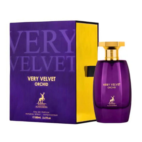 Maison Alhambra Very Velvet Velvet Orchid Eau De Parfum spray bottle, 100ml, elegant design by Jag Couture London New York.