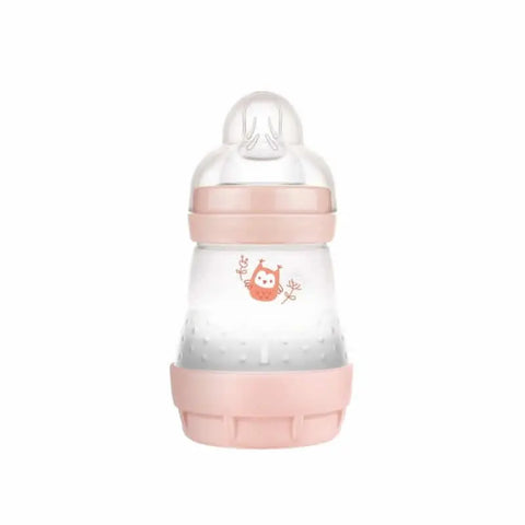 Pink Mam Easy Start Anti-Colic baby bottle with 160ml capacity for newborns, featuring a soft silicone nipple and anti-colic vent.
