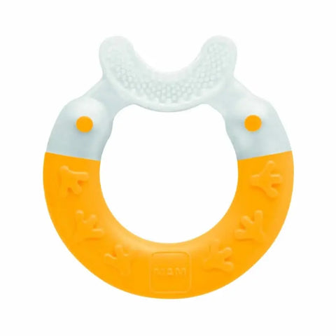 Mam Bite & Brush Yellow baby teether from Jag Couture London-New York, featuring a bright yellow silicone design.