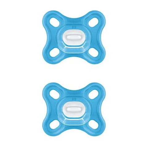 Two Mam Comfort pacifiers for 0+ months in blue from Jag Couture London, designed for gentle comfort for infants.