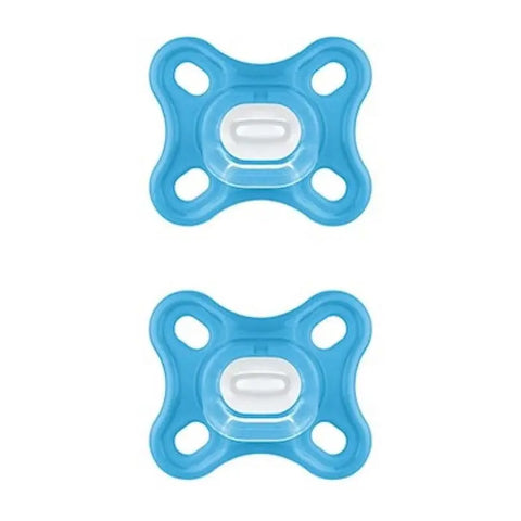 Two Mam Comfort Pacifiers for 0+ months in blue, designed for infants, by Jag Couture London New York.