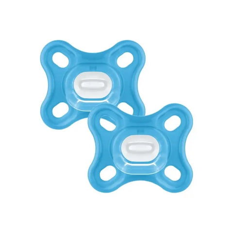 Blue Mam Comfort Pacifiers for 3-12 months, set of 2, by Jag Couture London New York, featuring soft silicone nipples and ergonomic design.
