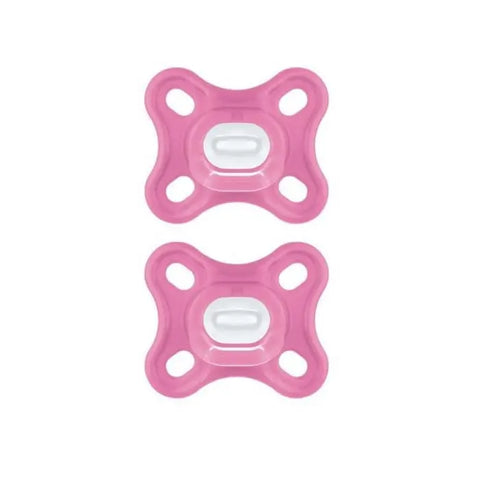 Pink Mam Comfort pacifiers for 3-12 months, two units, designed for infants, by Jag Couture London New York.