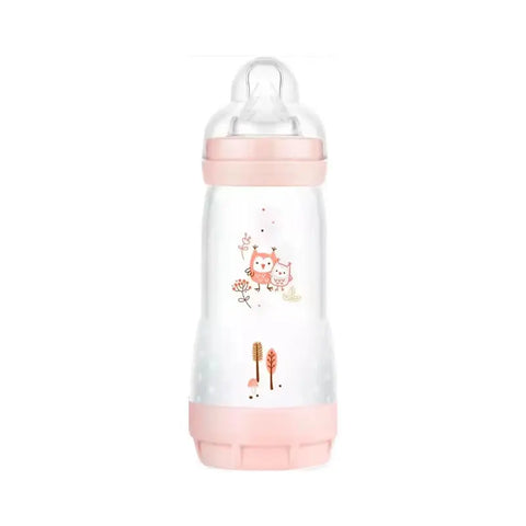 Pink Mam Easy Start anti-colic baby bottle with 260ml capacity, featuring a baby-friendly design from Jag Couture London New York.