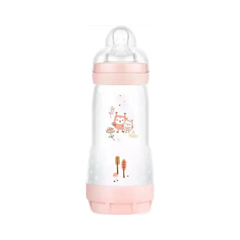 Pink Mam Easy Start anti-colic baby bottle, 260ml, with ergonomic design by Jag Couture London New York.