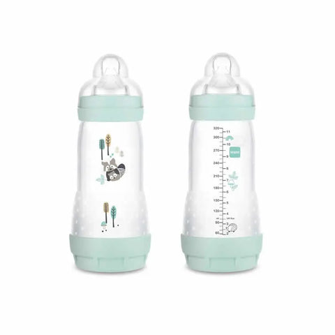 Blue Mam Easy Start anti-colic baby bottle with 320ml capacity, designed for 4 months and older, by Jag Couture London New York.
