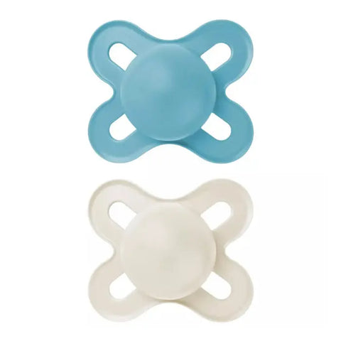 Two blue Mam Original Start silicone baby bottles for 0-2 months, featuring ergonomic design, by Jag Couture London New York.
