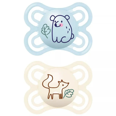 Blue Mam Perfect pacifiers for 2-6 months, set of two, designed for infants, by Jag Couture London New York.