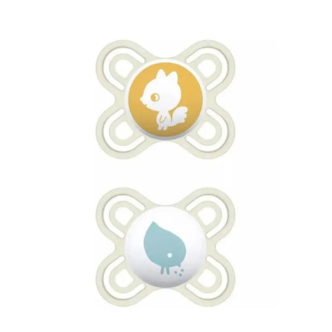 Two Mam Perfect pacifiers for 2-6 months, unisex design, displayed with packaging from Jag Couture London New York.