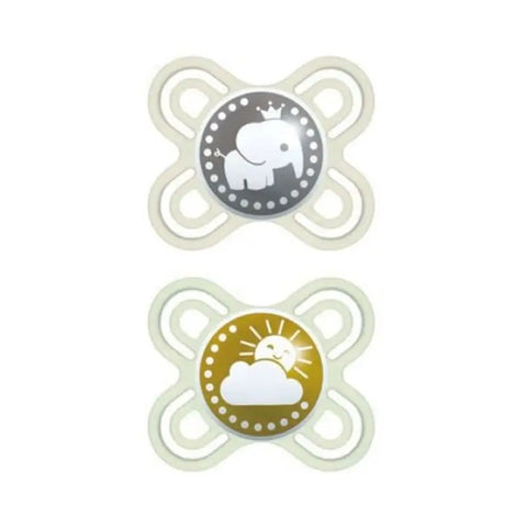 Two Mam Perfect Start 0-2 silicone pacifiers for infants, with soft silicone nipples and ergonomic shield, in a set from Jag Couture London.