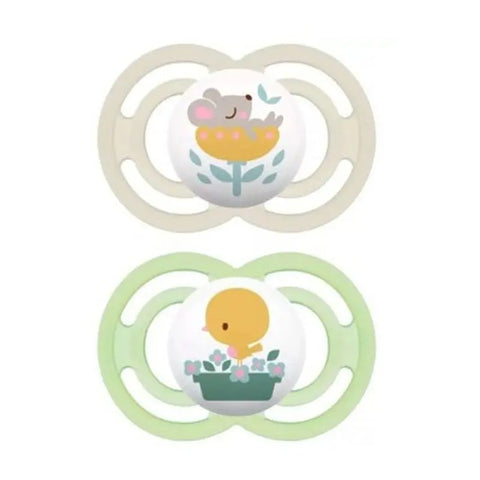 Two Mam Perfect silicone pacifiers for babies over 6 months in yellow and green, featuring ergonomic design and soft silicone nipples.