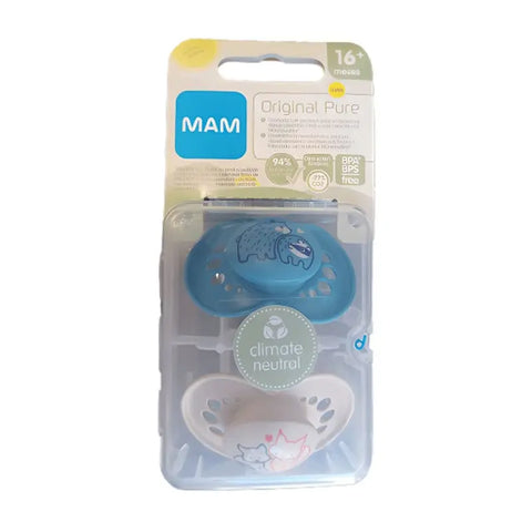 Two blue Mam silicone pacifiers for 16 months, Original Pure+ model, with the brand name Jag Couture London New York.