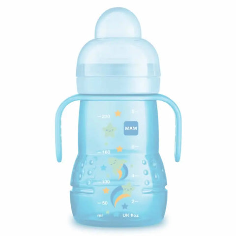 Blue Mam Trainer Glass baby bottle with 220ml capacity for 4 months and older, by Jag Couture London New York.
