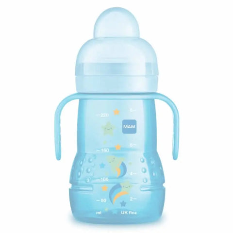 Blue Mam Trainer glass baby bottle with 220ml capacity for 4 months and older, by Jag Couture London New York.