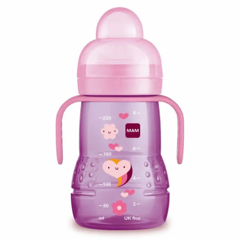 Pink Mam Trainer glass baby bottle, 220ml, designed for babies 4 months and older, from Jag Couture London New York.