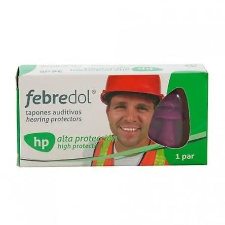 Pair of high-protection silicone earplugs from Febredol by Jag Couture London and New York, designed for noise reduction.
