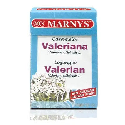 Jar of Marnys Valeriana Relax candies with caramel coating, 36.5g, placed on a neutral background with some candies outside the jar.