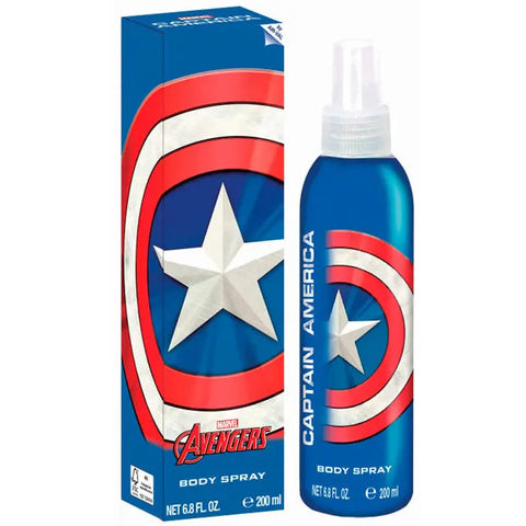 Marvel Avengers Captain America body spray 200ml by Jag Couture London and New York, featuring Captain America-themed packaging.