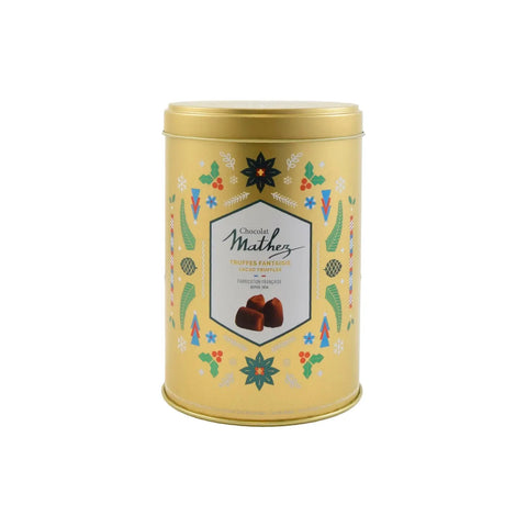 Mathez French cocoa-dusted truffles in a gold Christmas tin by Jag Couture London New York, festive holiday confectionery.
