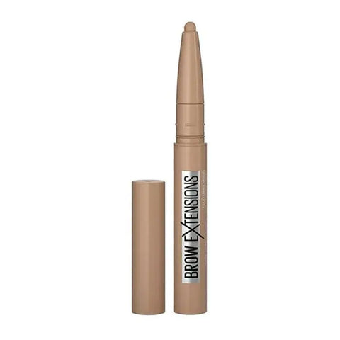 Maybelline Brow Extensions Stick in Light Blonde with natural brow appearance, displayed with packaging by Jag Couture London New York.