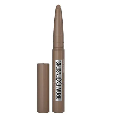 Maybelline Brow Extensions Stick in 02 Soft Brown, featuring a sleek applicator with soft brown brow tint and precision tip.