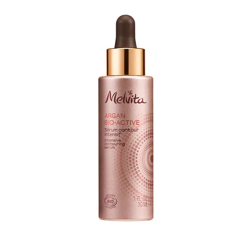 Melvita Argan Bio-Active Serum Contour Intensif 30ml in a clear glass bottle with pump, displayed on a neutral background