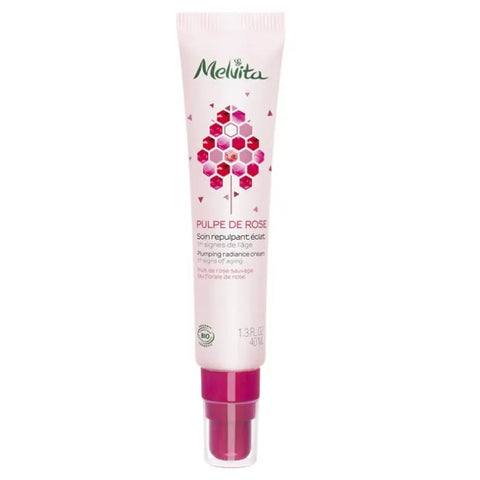 Melvita Pulpe de Rose Plumping Radiance Cream in a 40ml jar with rose-inspired packaging, displayed on a neutral background.