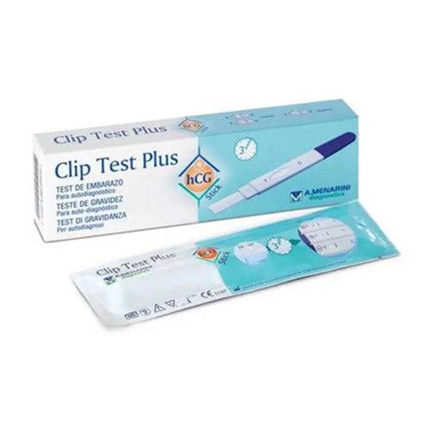Menarini pregnancy test clip and test stick with branded packaging, used for at-home pregnancy testing by Jag Couture London New York.
