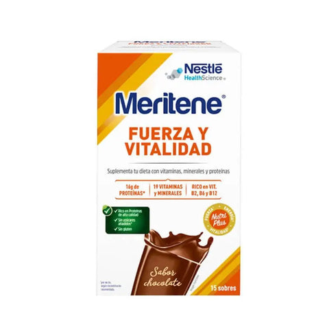 Meritene Strength and Vitality chocolate flavor nutritional supplement boxes by Jag Couture London New York, 15 packs of 30g each.