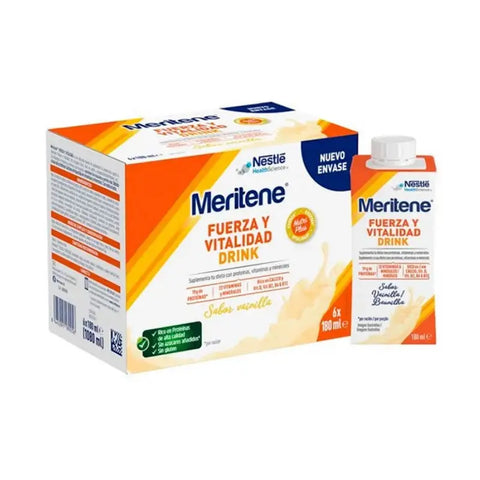 Meritene vanilla strength and vitality drink in six 180ml bottles, featuring a creamy vanilla flavor and nutritious formula.