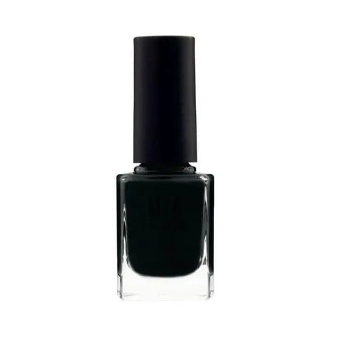 Mía Cosmetics Coal nail polish by Jag Couture London - New York, showcasing a sleek dark gray nail color on a hand.