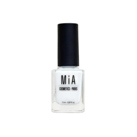 Frost white nail polish by Mia Cosmetics from Jag Couture London - New York, shown in a clear glass bottle with a silver cap.
