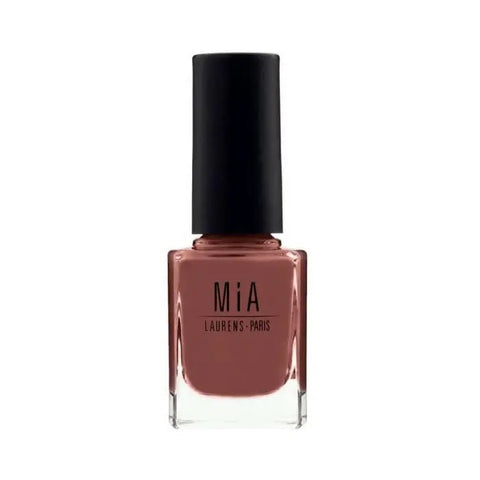 Mía Cosmetics Mahogany nail polish by Jag Couture London New York, deep mahogany color in a sleek glass bottle.
