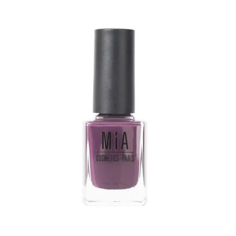 Mía Cosmetics raisin-colored nail polish in a sleek bottle from Jag Couture London-New York, perfect for elegant manicures.
