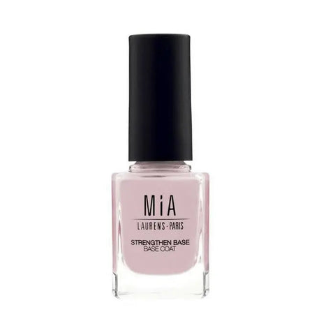 Mía Cosmetics nail strengthen base coat by Jag Couture London - New York, shown in a clear bottle with a smooth brush applicator.