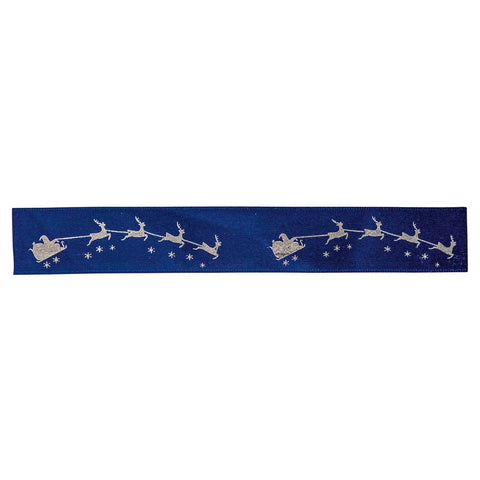 Midnight blue satin ribbon with Santa on sleigh design, by Jag Couture London-New York, for festive gift wrapping or decorations.