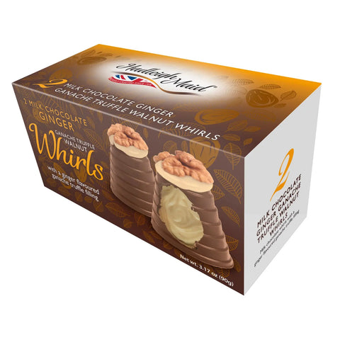 Twin pack of Jag Couture London milk chocolate ginger ganache walnut whirls, showcasing the chocolate, ginger filling, and walnut details.