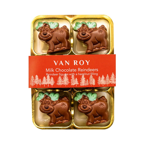 Milk chocolate reindeer figures with hazelnut filling in a cello pack by Jag Couture London New York, perfect for festive treats.
