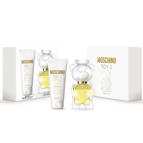 Moschino Toy 2 Eau De Perfume spray set with two 50ml bottles, displayed with packaging and branding details.