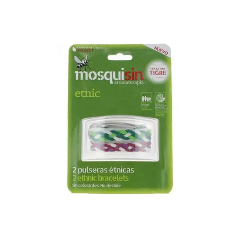 Pair of ethnic mosquito repellent bracelets by Jag Couture London New York, featuring vibrant woven designs and adjustable straps.
