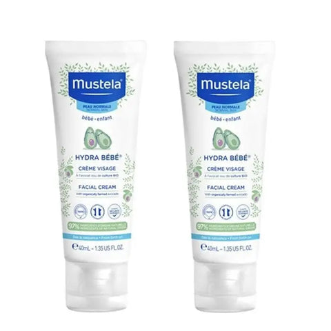 Mustela Baby Hydra Facial Cream 2x40ml jars with beige and pink packaging, suitable for gentle baby skincare.