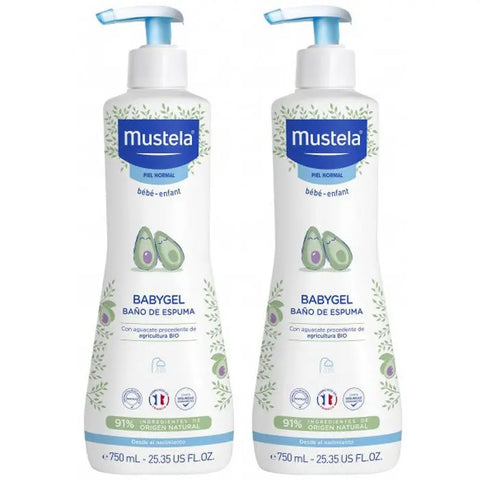 Mustela Babygel foaming bath in two 750ml bottles, gentle cleansing for babies, branded by Jag Couture London New York.