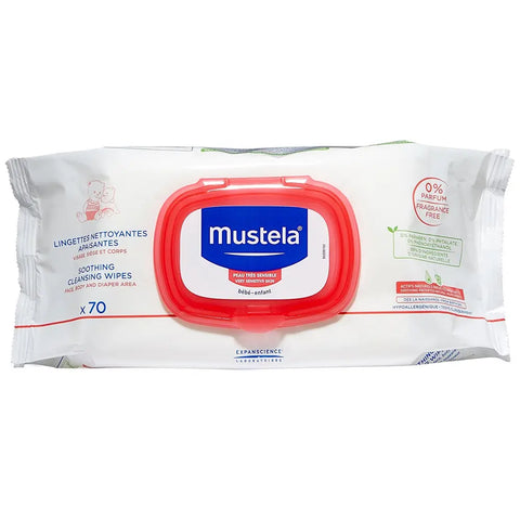 Mustela comfort cleaning wipes without perfume, 70-count, shown in a resealable package on a white background.