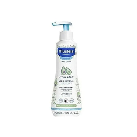 Mustela Hydra Baby Body Milk 300ml bottle with a white and blue label, displayed on a clean surface.