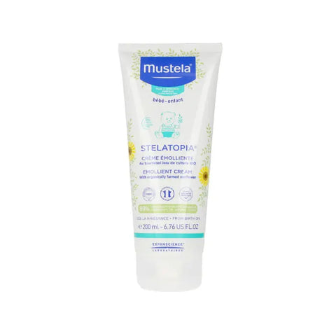 Mustela Stelatopia Emollient Cream in 200ml jar, skincare product for sensitive skin by Jag Couture London New York
